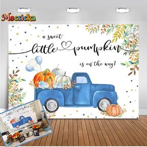 Mocsicka Pumpkin Baby Shower Backdrop for Boy 7x5ft Blue Truck A Sweet Little Pumpkin is on The Way Photo Backdrops Autumn Fall Baby Shower Party Decorations Banner