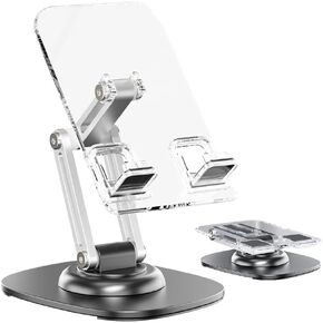 Phone Holder, Acrylic Phone Stand for Desk 360-Degree Rotation Cell Phone Holder Desk Accessories with Sturdy Metal Base, Aluminum Alloy arm, Compatible Most Phones