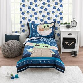 Star Wars The Child - Little Bounty Blue, Green and White Grogu "The Force is Strong with this Child" 4 Piece Toddler Bed Set - Comforter, Fitted Bottom Sheet, Flat Top Sheet and Reversible Pillowcase