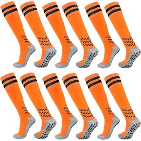 Kids Soccer Grip Socks with Cushion, Youth Double Stripe Over Knee High Long Football Non Slip Sports Socks
