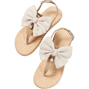 OYOANGLE Women's Bow Pearl Decor Open Toe Flip Flop Sandals Slingback Flat Summer Vacation Thong Sandals
