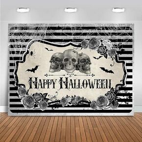 Mocsicka Happy Halloween Backdrop Black Skull Bone Bat Halloween Photography Background Black Stripe Scary Halloween Party Decorations(7x5ft)