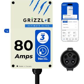 شاحن Grizzl-E Ultimate Level 2 أسرع 80 أمبير / 19.2 كيلو وات للمركبات الكهربائية (EV)، تم اختباره واعتماده من UL، علبة معدنية، محطة شحن سريعة للسيارة الكهربائية الداخلية/الخارجية، سلك صلب، أسود كلاسيكي، J1772