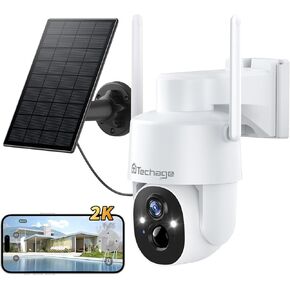 Solar Security Camera Wireless Outdoor, 2K WiFi Cameras for Home Security, 360° PTZ Surveillance Camera with PIR, Color Night Vision, 2-Way Talk, IP66 Waterproof, SD/Cloud, Work with Alexa (2 Pack)