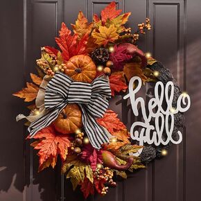 Valery Madelyn Fall Wreaths for Front Door, 22" Farmhouse Fall Door Wreath with Light for Harvest Autumn Porch Decor for Home, Orange Pumpkin Wreath with Bow for Indoor Window Thanksgiving Decor