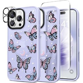 GVIEWIN Magnetic for iPhone 16 Pro Max Case Compatible with Magsafe, [Screen & Camera Lens Protector] Fashion Pattern Translucent Shockproof Phone Cover for 16 Pro Max 6.9" (Starry Butterfly/Purple)