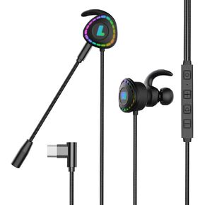 USB-C in-Ear Gaming Headset,Type-C Gaming Earbuds Wired E-Sport Earphone Noise Cancelling Stereo Bass Gaming Headphone with Adjustable Mic and RGB Light for iPhone 15 Pro Max Pixel 8 7 6