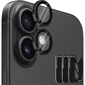 (3 Sets) Orzero Compatible for iPhone 16 6.1 inch/iPhone 16 Plus 6.7 inch Camera Lens Protector, One-Step Installation Tray Individual Metal Ring Tempered Glass Cover CD Pattern Case Friendly - Black