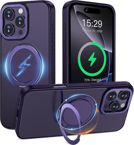 حافظة لهاتف iPhone 16 Pro مزودة بحامل حلقي مغناطيسي متوافق مع Magsafe ذات درجة عسكرية للحماية من السقوط شديدة التحمل مضادة للصدمات للرجال والنساء لهاتف iPhone 16 Pro 6.3 بوصة أرجواني شفاف in Saudi Arabia