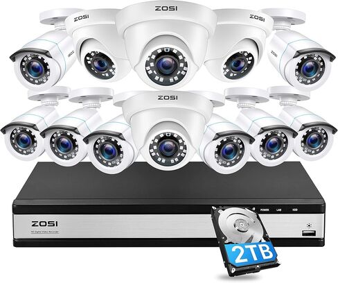 ZOSI 16 Channel Security Camera System 1080p, H.265+ 16 Channel CCTV DVR with Hard Drive 2TB and 12 x 2MP Weatherproof Surveillance Bullet Dome Camera Outdoor Indoor, 80ft Night Vision, 90° View Angle in Saudi Arabia