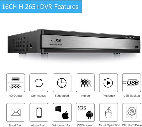 ZOSI 16 Channel Security Camera System 1080p, H.265+ 16 Channel CCTV DVR with Hard Drive 2TB and 12 x 2MP Weatherproof Surveillance Bullet Dome Camera Outdoor Indoor, 80ft Night Vision, 90° View Angle in Saudi Arabia