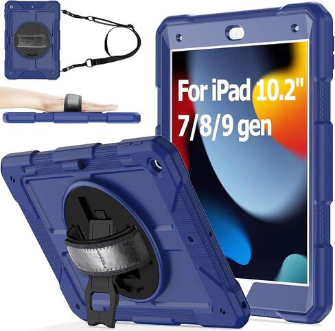 AVAWO Case for iPad 9th 8th 7th Generation (10.2 inch, 2021/2020/2019) with [Swivel Stand][Shoulder/Hand Strap], Protective Cover for iPad 10.2" 9/8/7th with Lanyard, Navy Blue in Saudi Arabia