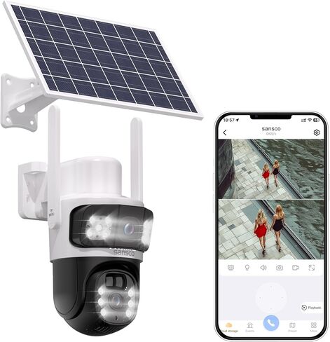 كاميرات أمان WiFi تعمل بالطاقة الشمسية بدقة 4 ميجابكسل من SANSCO، كاميرات خارجية لاسلكية لأمن المنزل، كاميرا مراقبة PTZ مع رؤية ليلية ملونة بعدسة مزدوجة، صوت ثنائي الاتجاه، كشف حركة PIR، إنذار ضوئي in Kuwait