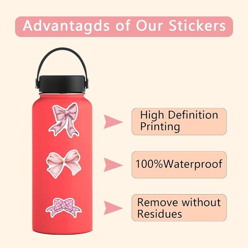 Coquette Bows Stickers | 50 PCS Cute Pink Stickers Aesthetic Coquette Bow Stickers for Water Bottles, Laptop, Skateboard - Waterproof Bows Stickers and Decals Gifts for Kids, Teens, Girl, Women in Saudi Arabia