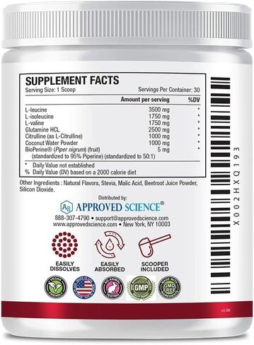 مسحوق BCAA معتمد من Science - نسبة 2:1:1 BCAA - 3500 مجم من الليوسين - نكهة الفواكه - 25 أونصة - 30 حصة - تعزيز التمرين، القدرة على التحمل، منع الإرهاق - BioPerine - صديق للنباتيين - حوض واحد in Saudi Arabia