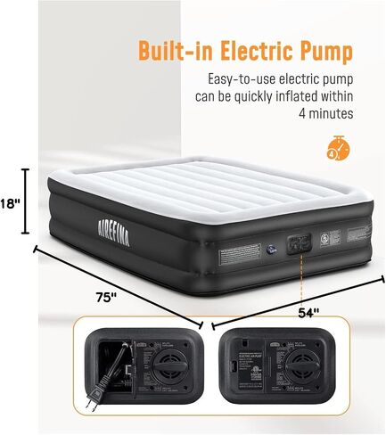 Airefina 18" Full Size Air Mattress with Built in Pump, Blow Up Mattress with Self Inflation, Durable, Portable & Flocked Top Inflatable Mattress,75x54x18in Airbed with Smooth Surface in Saudi Arabia