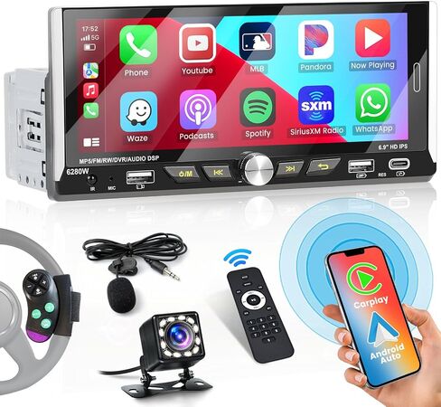 6.9 بوصة واحدة Din لاسلكية Carplay Car Stereo تعمل باللمس Android Auto Car Radio مع بلوتوث، 1 Din Head Unit Player يدعم وصلة المرآة الاحتياطية للكاميرا USB Type C in Saudi Arabia