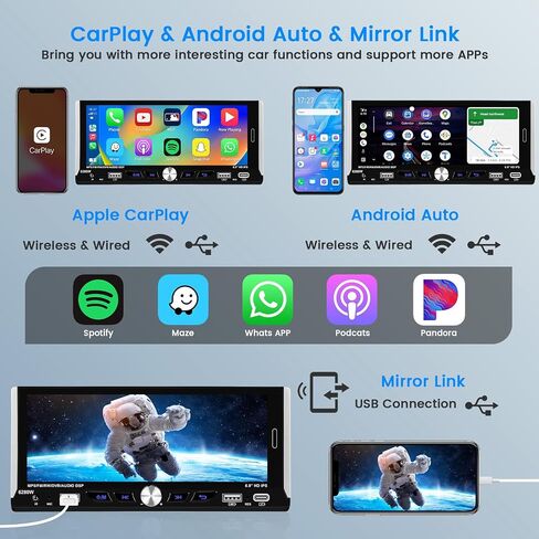 6.9 بوصة واحدة Din لاسلكية Carplay Car Stereo تعمل باللمس Android Auto Car Radio مع بلوتوث، 1 Din Head Unit Player يدعم وصلة المرآة الاحتياطية للكاميرا USB Type C in Saudi Arabia