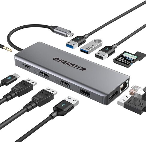 محول محور USB C 12 في 1 من OBERSTER مع شاشة ثلاثية، 2 HDMI، DP، 100W PD، 2 USB 3.0، 2 USB 2.0، إيثرنت، قارئ بطاقات SD/TF، ​​ميكروفون/صوت متوافق مع أجهزة Mac والكمبيوتر المحمول والمزيد in Kuwait