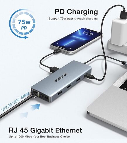 محول محور USB C 12 في 1 من OBERSTER مع شاشة ثلاثية، 2 HDMI، DP، 100W PD، 2 USB 3.0، 2 USB 2.0، إيثرنت، قارئ بطاقات SD/TF، ​​ميكروفون/صوت متوافق مع أجهزة Mac والكمبيوتر المحمول والمزيد in Kuwait