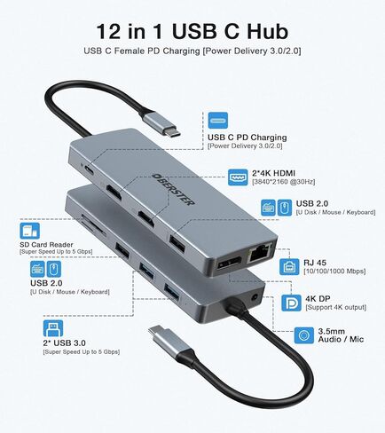 محول محور USB C 12 في 1 من OBERSTER مع شاشة ثلاثية، 2 HDMI، DP، 100W PD، 2 USB 3.0، 2 USB 2.0، إيثرنت، قارئ بطاقات SD/TF، ​​ميكروفون/صوت متوافق مع أجهزة Mac والكمبيوتر المحمول والمزيد in Kuwait