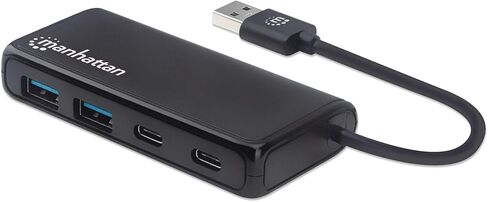 موزع USB فائق السرعة بأربعة منافذ مانهاتن يدعم سرعات نقل 5 جيجابت في الثانية مع موصل ذكر USB-A مدمج ومنفذين USB-A أنثى ومنفذين USB-C أنثى ومؤشر طاقة LED، يعمل بالحافلة، أسود in Kuwait
