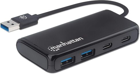 موزع USB فائق السرعة بأربعة منافذ مانهاتن يدعم سرعات نقل 5 جيجابت في الثانية مع موصل ذكر USB-A مدمج ومنفذين USB-A أنثى ومنفذين USB-C أنثى ومؤشر طاقة LED، يعمل بالحافلة، أسود in Kuwait