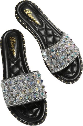 GORGLITTER Women's Sparkly Rhinestone Sandals Studded Decor Single Band Leather Slide Sandals in Saudi Arabia