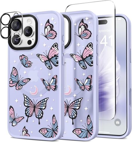 GVIEWIN Magnetic for iPhone 16 Pro Max Case Compatible with Magsafe, [Screen & Camera Lens Protector] Fashion Pattern Translucent Shockproof Phone Cover for 16 Pro Max 6.9" (Starry Butterfly/Purple) in Saudi Arabia