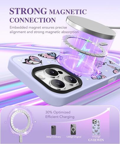 GVIEWIN Magnetic for iPhone 16 Pro Max Case Compatible with Magsafe, [Screen & Camera Lens Protector] Fashion Pattern Translucent Shockproof Phone Cover for 16 Pro Max 6.9" (Starry Butterfly/Purple) in Saudi Arabia