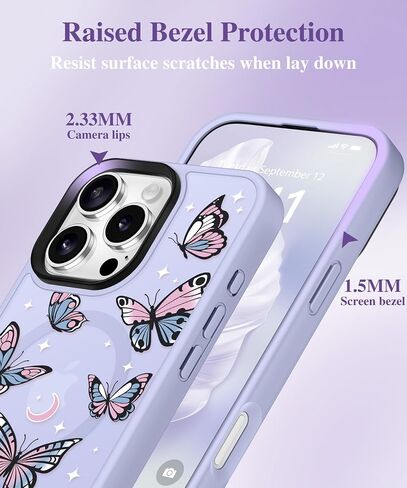 GVIEWIN Magnetic for iPhone 16 Pro Max Case Compatible with Magsafe, [Screen & Camera Lens Protector] Fashion Pattern Translucent Shockproof Phone Cover for 16 Pro Max 6.9" (Starry Butterfly/Purple) in Saudi Arabia