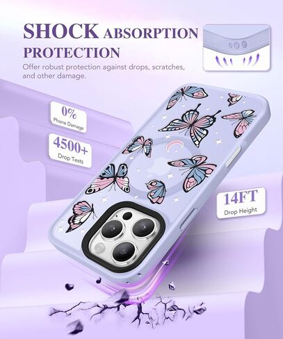 GVIEWIN Magnetic for iPhone 16 Pro Max Case Compatible with Magsafe, [Screen & Camera Lens Protector] Fashion Pattern Translucent Shockproof Phone Cover for 16 Pro Max 6.9" (Starry Butterfly/Purple) in Saudi Arabia