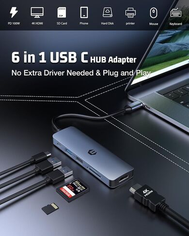 محور USB C، محول Tymyp 6 في 1 USB، 4K HDMI، 100W PD، منافذ USB 3.0، منافذ USB 2.0، وقارئ بطاقة SD/TF، ​​متوافق مع Mac Pro/Air، iPad Pro، iMac، والمزيد in Kuwait