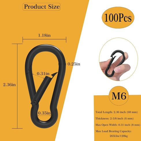 100Pcs 2.4" Carabiner Clip Spring Snap Hook, M6 2-3/8 Inch Heavy Duty Galvanized Steel Spring Snap Hook, Quick Link Keychain Clip for Keys Swing Set Camping Fishing Hiking Traveling(260 lbs Capacity) in Saudi Arabia