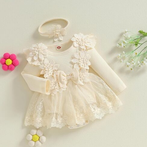 FOMOYUU Newborn Baby Girl Fall Winter Outfit Lace Mesh Ribbed Romper Dress Long Sleeve Floral Clothes with Bow Headband in Kuwait