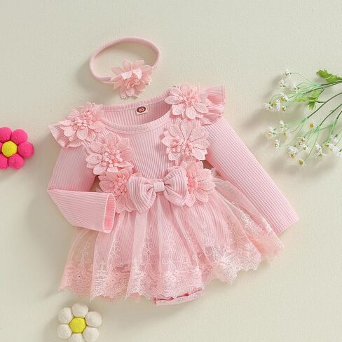FOMOYUU Newborn Baby Girl Fall Winter Outfit Lace Mesh Ribbed Romper Dress Long Sleeve Floral Clothes with Bow Headband in Kuwait