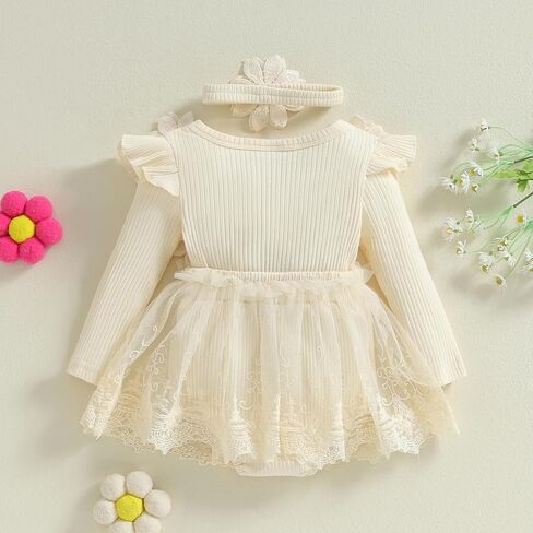 FOMOYUU Newborn Baby Girl Fall Winter Outfit Lace Mesh Ribbed Romper Dress Long Sleeve Floral Clothes with Bow Headband in Kuwait