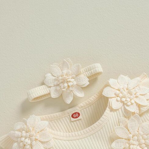 FOMOYUU Newborn Baby Girl Fall Winter Outfit Lace Mesh Ribbed Romper Dress Long Sleeve Floral Clothes with Bow Headband in Kuwait