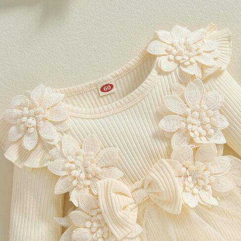 FOMOYUU Newborn Baby Girl Fall Winter Outfit Lace Mesh Ribbed Romper Dress Long Sleeve Floral Clothes with Bow Headband in Kuwait