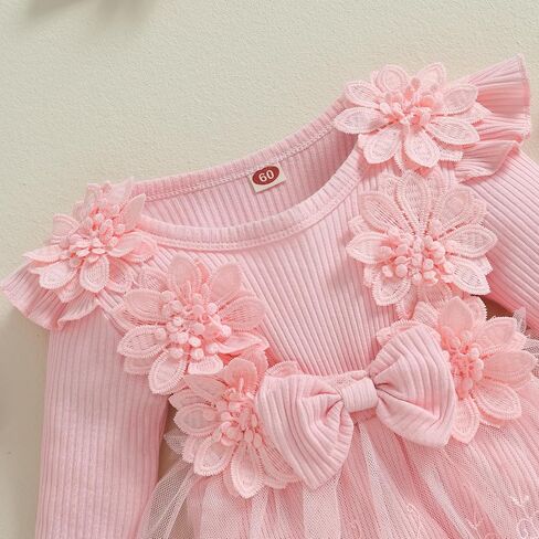 FOMOYUU Newborn Baby Girl Fall Winter Outfit Lace Mesh Ribbed Romper Dress Long Sleeve Floral Clothes with Bow Headband in Kuwait