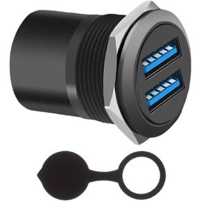 High-Speed Dual USB 3.0 Panel Mount Adapter with Round Threaded Connector and Waterproof Dust Cover, 2 Female to 2 Female Ports, Fast 5Gbps Data Transfer, 5V 2A Charging (Black)