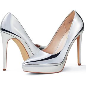 حذاء إليزابيت تانغ النسائي بكعب عالٍ 4.7 بوصة ذو نعل سميك للمناسبات الرسمية، مع مقدمة مغلقة مريحة ومدببة في العمل والمواعيد وحفلات الزفاف والحفلات الموسيقية والكنيسة فضية 7 in Kuwait