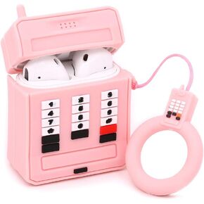 Cute Airpods Case, Airpods 2 Case, Fashion Funny 3D Cartoon Pink Retro Cellular Phone Shaped Full Protection Shockproof Soft Silicone Charging Case Cover Skin with Keychain for Airpods 1&2