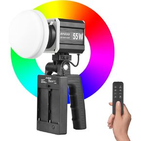 Andoer RGB LED Video Light COB Handheld with Remote, 55W Photography Lighting Portable, 2800K-6800K Dimmable Studio Lights, LCD Screen CRI 90 ，9 FX Scene Effects for Live Streaming Home Commercial