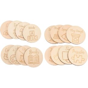 MAGICLULU Wood Toy Storage Labels 16pcs Kids Toy Tags Wooden Circle Ornament Toy Organizer Labels Wood Dividing Markers Home Organization Playroom Bedroom Decor