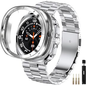 Stainless Steel Bands With Bumper Case Hard PC Protective Case for Samsung Galaxy Watch Ultra 47mm(2024), No Gap Solid Business Men Replacement Robust Metal Link Wristband