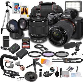 Sony a7 III Mirrorless Digital Camera 24MP w/ 28-70mm Lens,LED Light, Microphone, 128GB Extreme Speed, U-Grip, Filters, Tripod, Case, Software, & More – Pro Video Bundle (38pc), Black