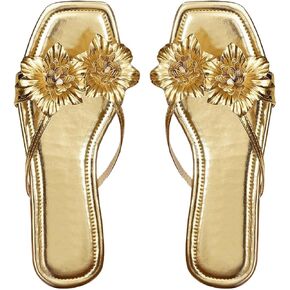GORGLITTER Women's 3D Flower Decor Cut Out Flats Square Open Toe Metallic Slide Sandals