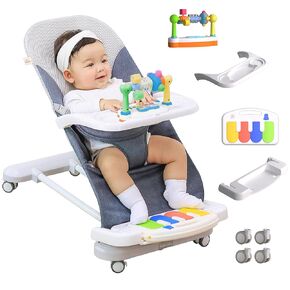 CuddoBaby Baby Bouncer 4-IN-1, Portable Bouncer Seat with Removable Wheels, 3-Level Incline for Infant to Toddler up to 29Lbs, 0-24 months, with Detachable Piano, Feeding Tray, Play Bar. Unisex - Blue