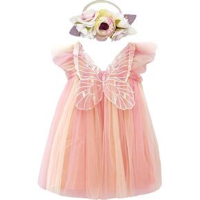 BGFKS Layered Tulle Tutu Dress with Butterfly Wing for Baby Girls,Toddler Girl Princess Dress with Headband.